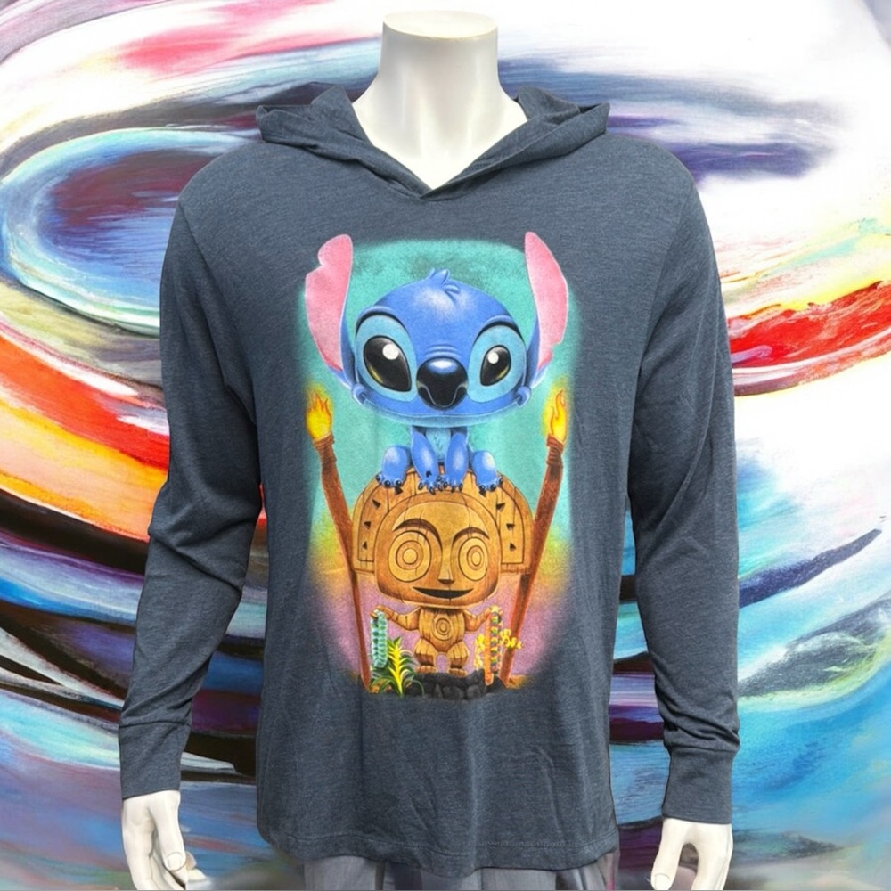 Disney World Stitch Tiki Polynesian Graphic Blue Hooded Long Sleeve Shirt Size L